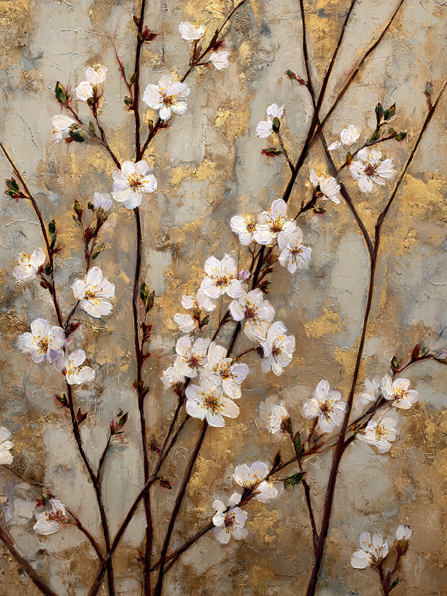 Volledig kunstwerk Gouden Bloei met witte bloesemtakken op een zachte gouden achtergrond