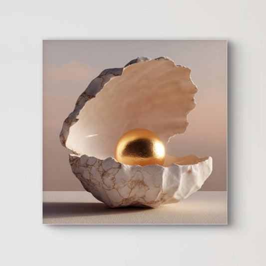 Detail van Gouden Oester, open schelp met glanzende gouden parel