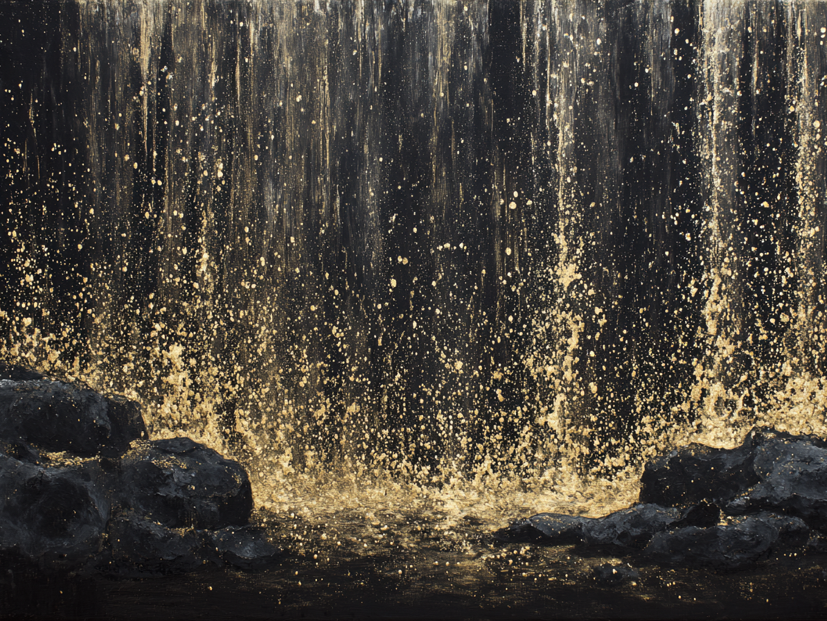 Abstracte compositie in goud en zwart met vallend licht en glinsterende textuur