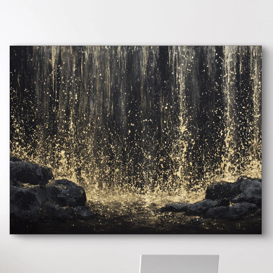 Detail van gouden verfspatten op donkere achtergrond met vallende structuur