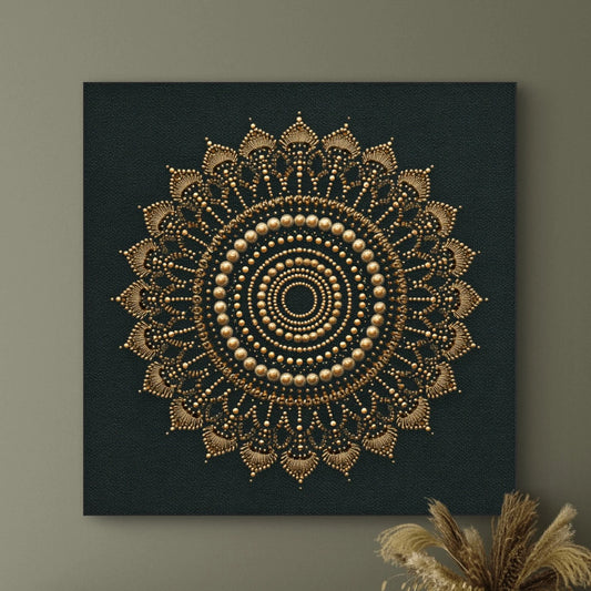 Detail van kunstwerk Gouden Resonantie met gouden patronen en textuur tegen een diepe achtergrond.