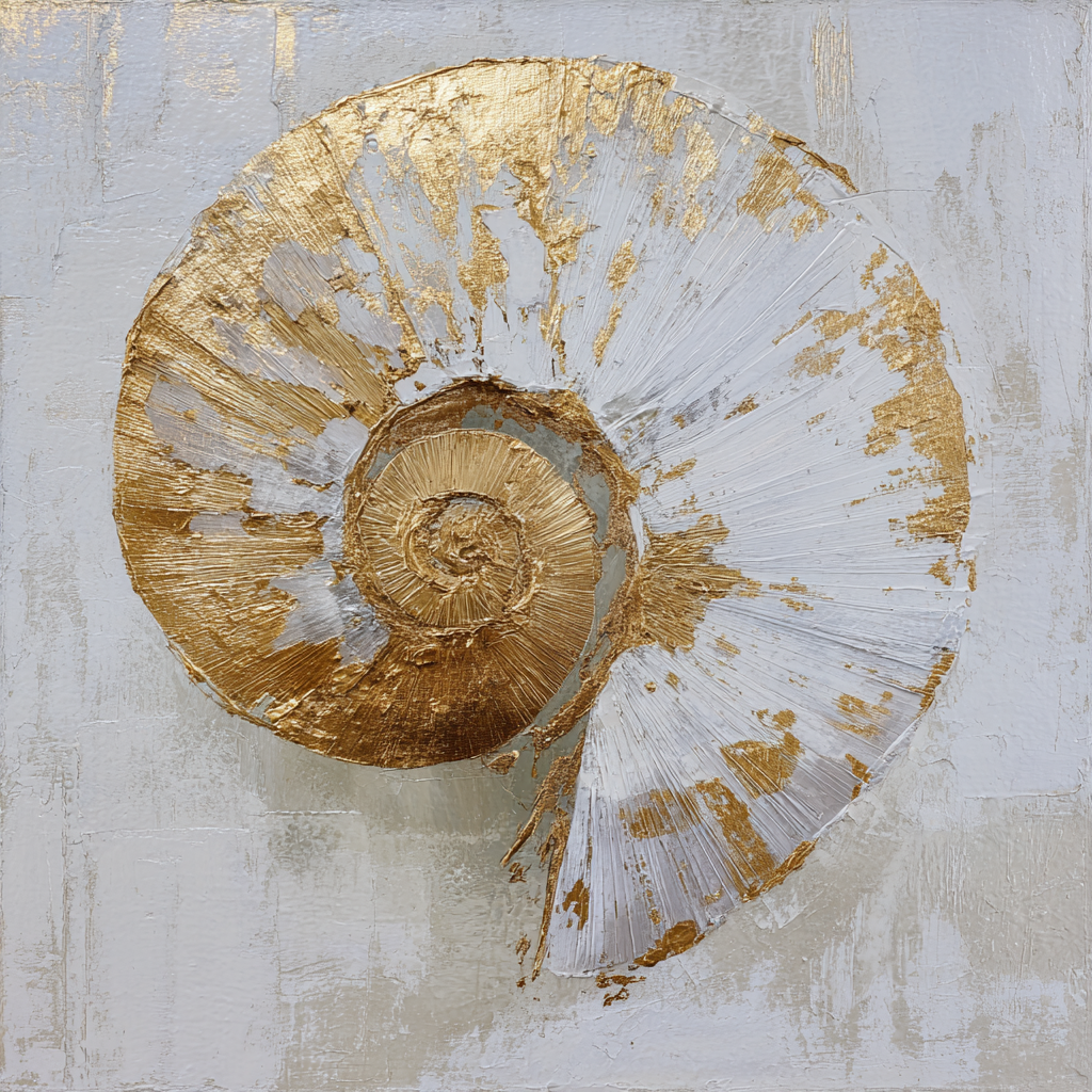 Kunstwerk Gouden Spiraal met abstracte schelpvorm in bladgoud en wit op een textuurrijke achtergrond.