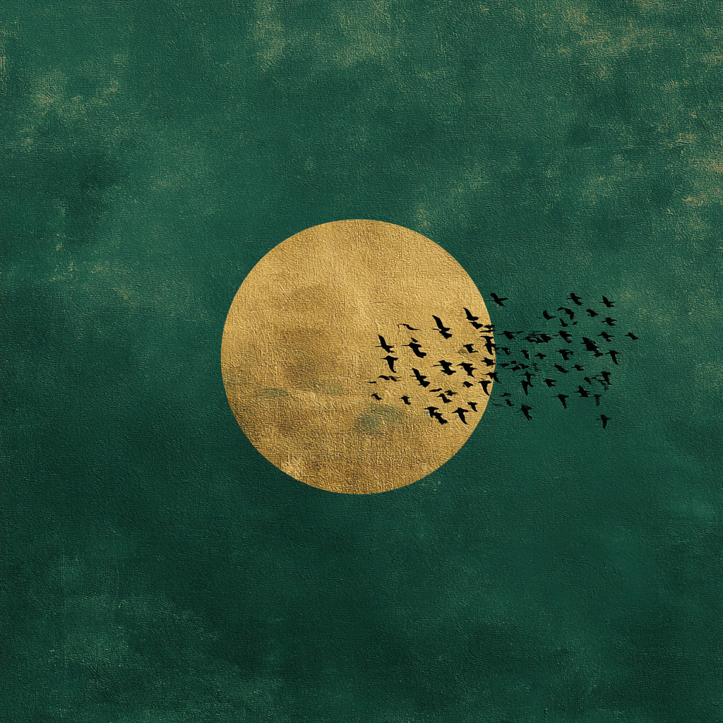 Kunstwerk Gouden Vlucht met gouden zon en zwerm vogels op een donkergroene achtergrond.