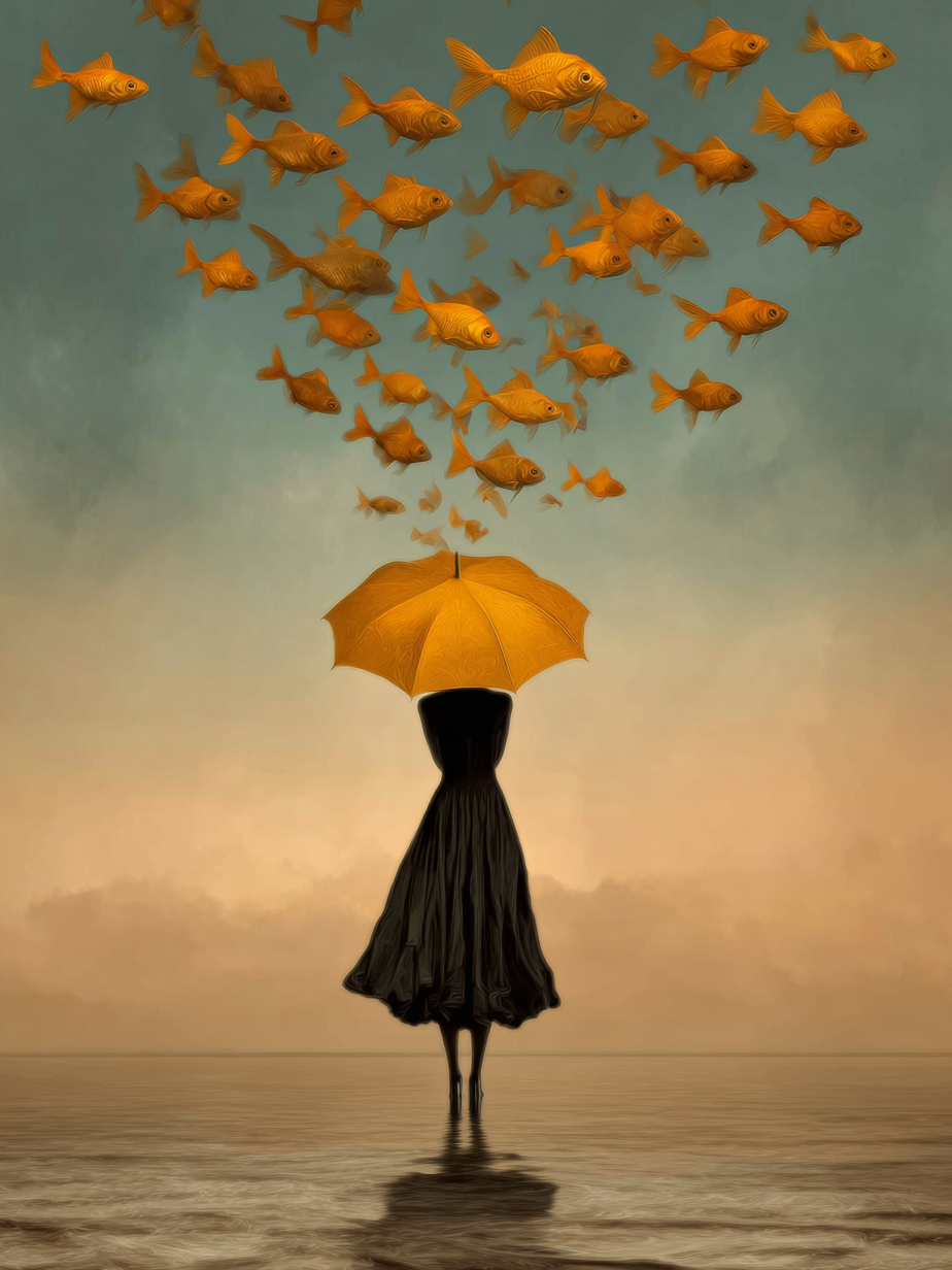 Volledige weergave van Goudstroom met vrouw, paraplu en vliegende vissen in warme tinten