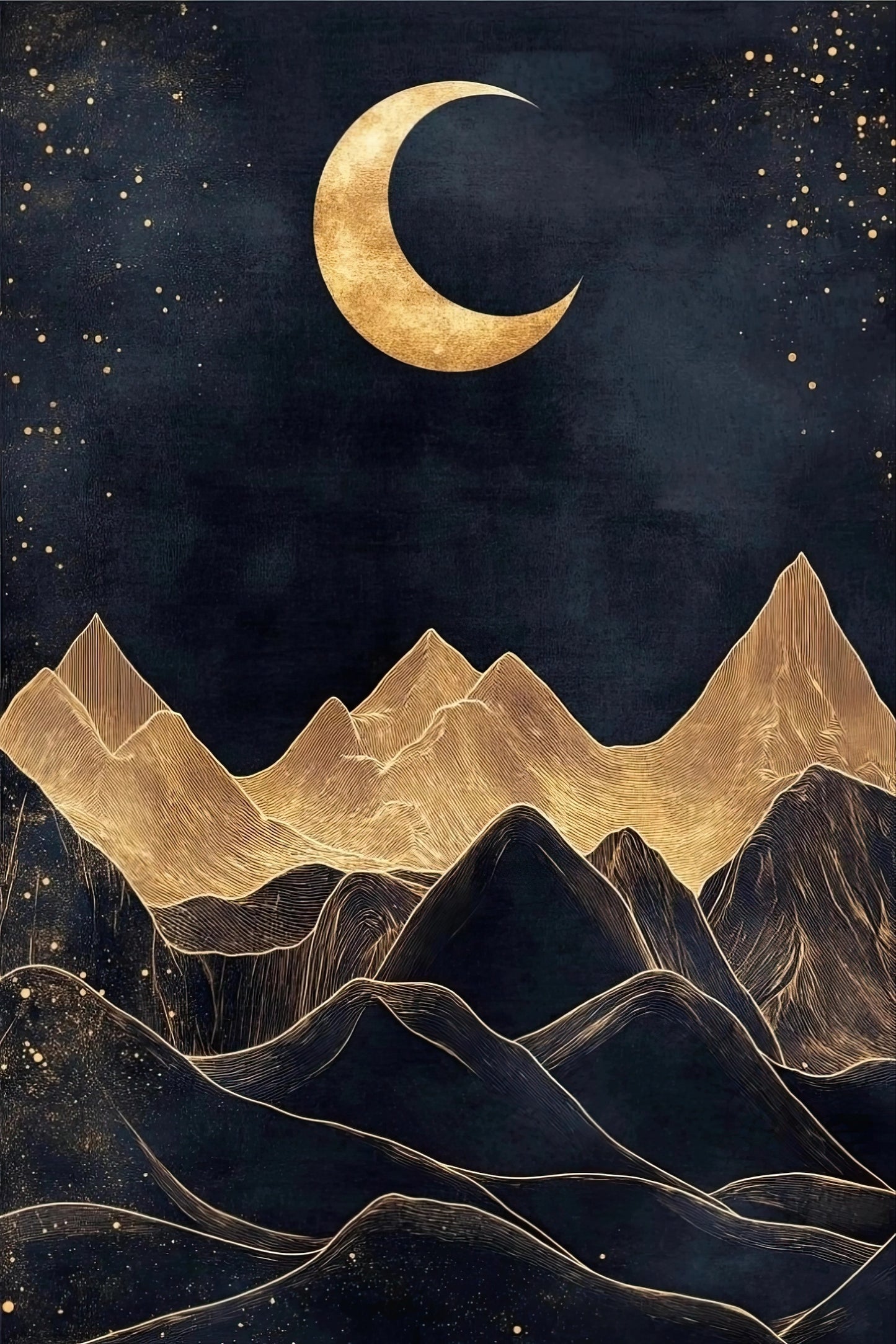 Volledig kunstwerk met abstract berglandschap en gouden maan in donkere nachthemel