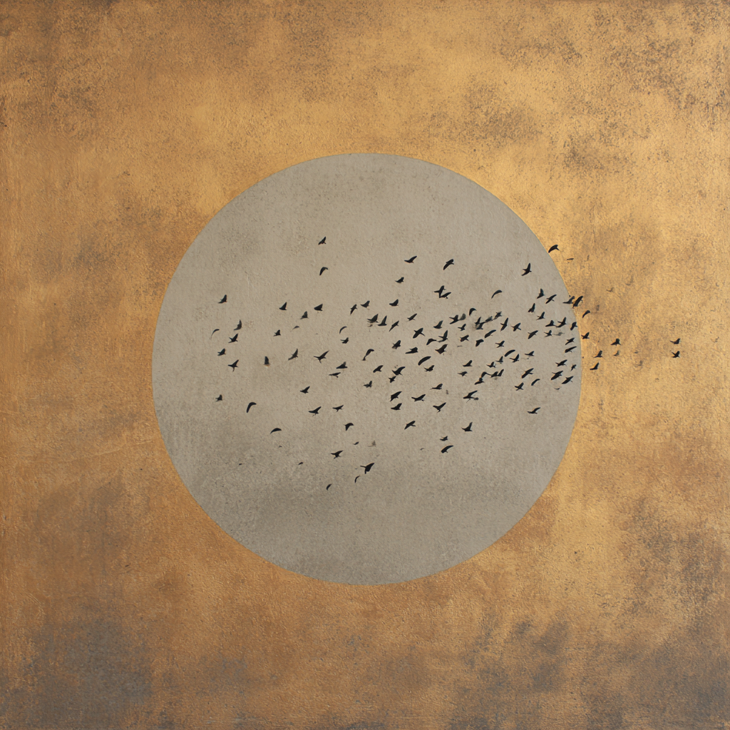 Abstract kunstwerk Goudvlucht met zwerm vogels en gouden cirkel op warme achtergrond.