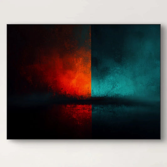 Detail van schilderij Grenzen van Water en Vuur met vurige rode en diepe blauwe kleurvlakken