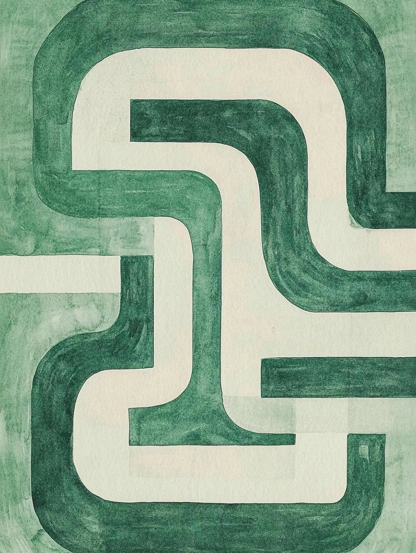 Volledige afbeelding van abstracte muurkunst met grafische stroming in donkergroen en mint