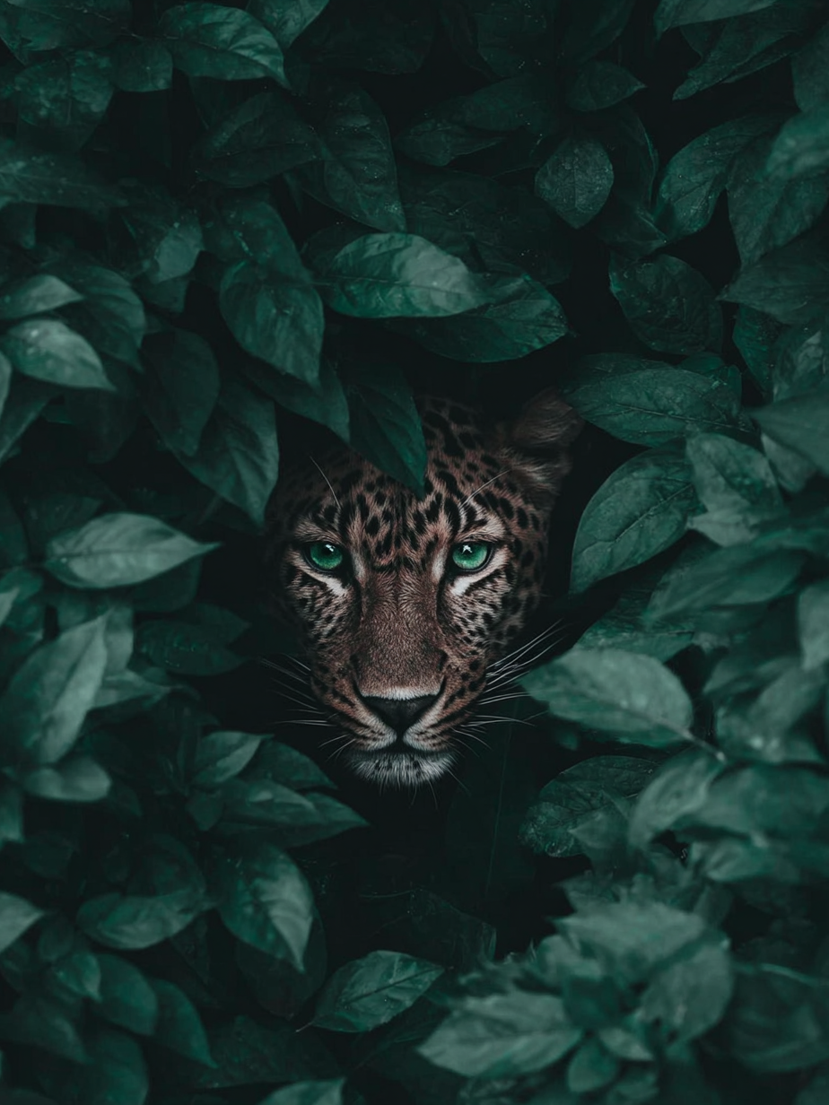 Volledige weergave van Groene Wachter met panter verscholen in bladerdek