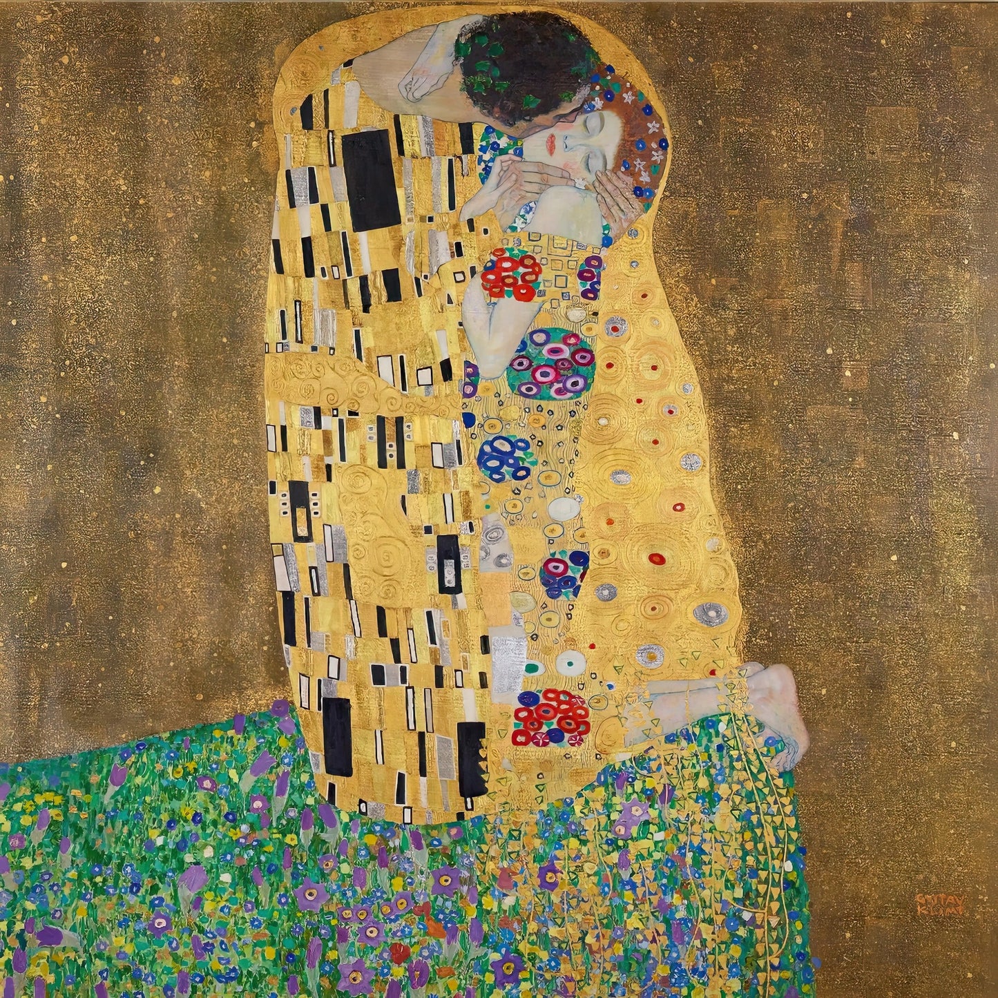 Volledige weergave van De Kus van Gustav Klimt, met gouden mantels en bloemenveld