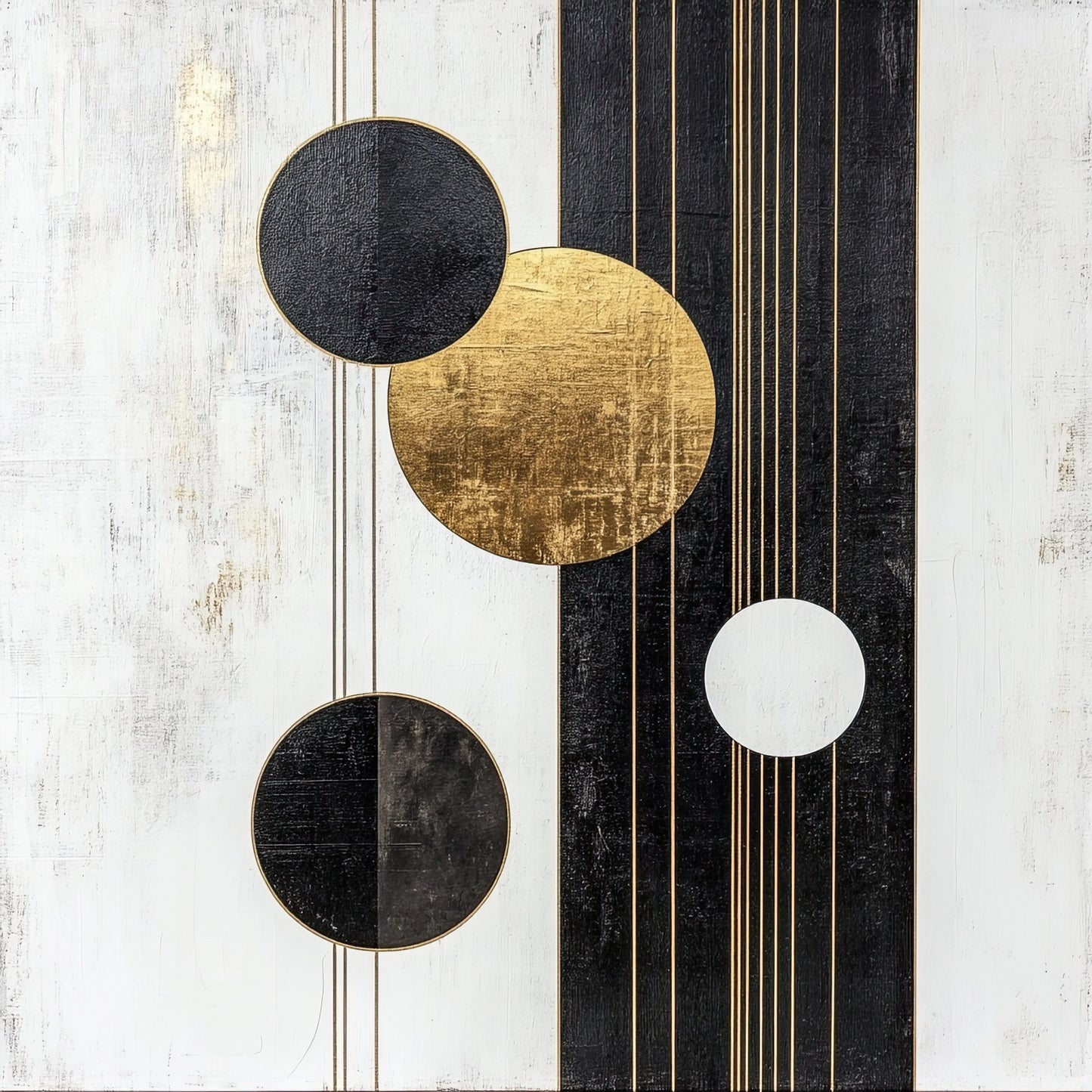 Volledige afbeelding van moderne muurkunst met geometrisch patroon in zwart, goud en wit