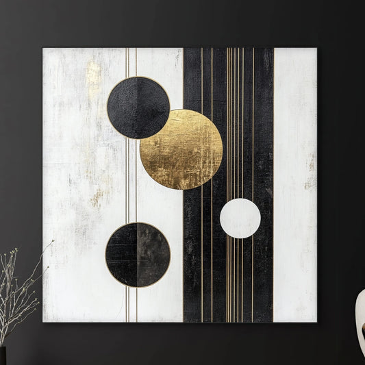 Detail van abstract kunstwerk met grafische lijnen en cirkels in goudfolie op witte en zwarte achtergrond