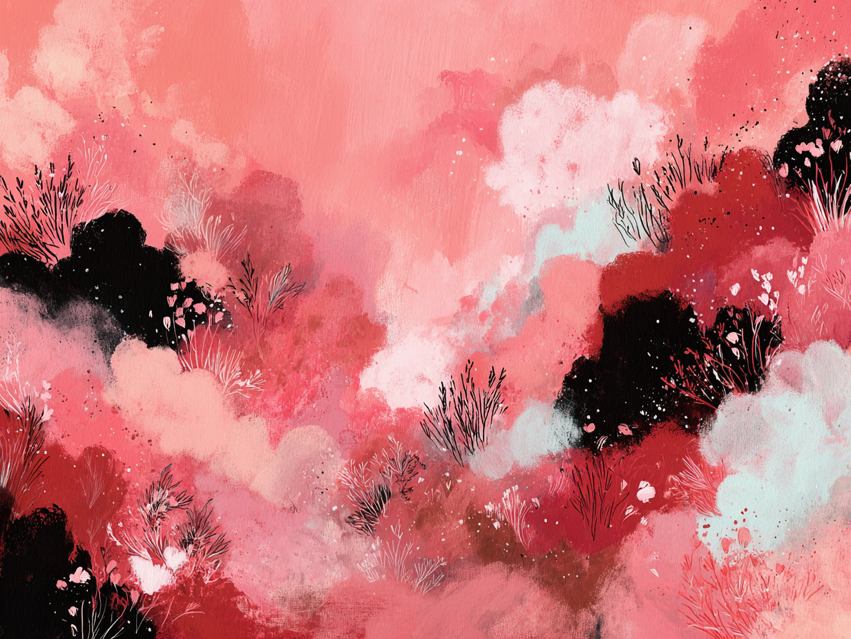 Abstract kunstwerk met levendige rode, roze en zwarte tinten die samenvloeien tot een dynamische compositie