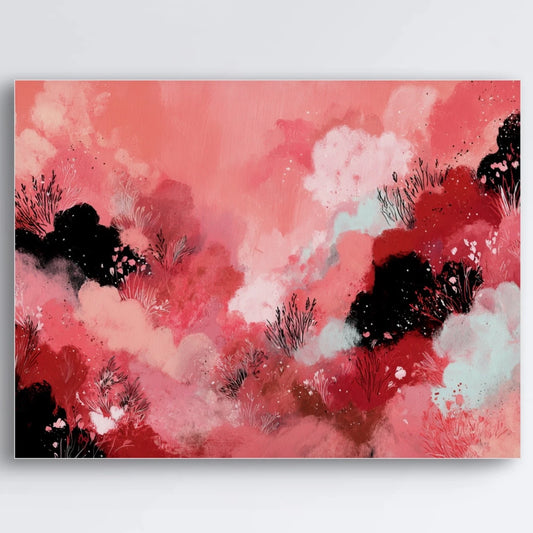 Detail van expressieve penseelstreken in rood, roze en zwart met zachte overgangen