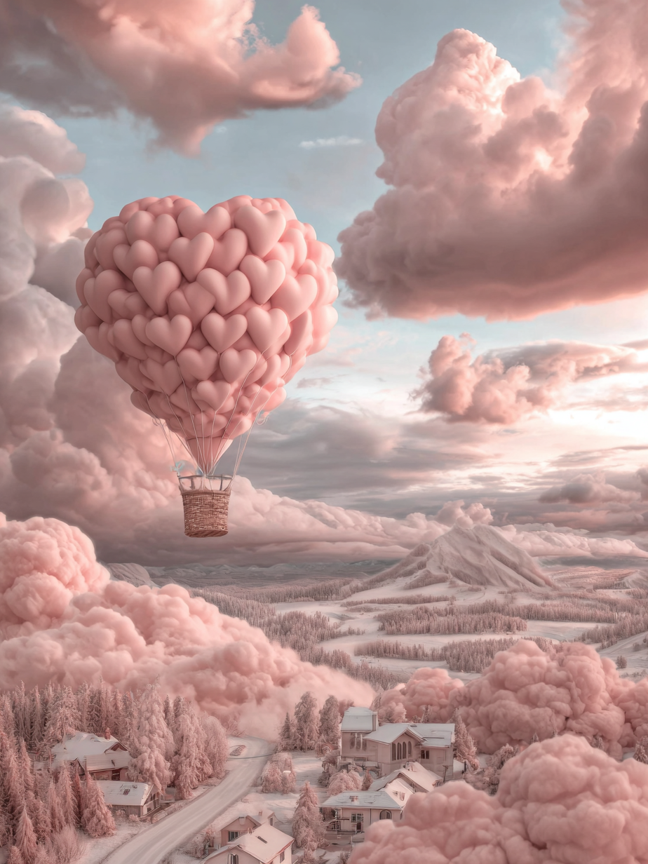 Dromerig wandkunstwerk met roze luchtballon in hartvorm en zachtroze wolken