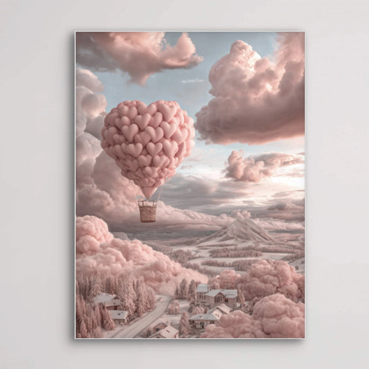 Detail van kunstwerk met roze luchtballon van harten in wolkenlucht