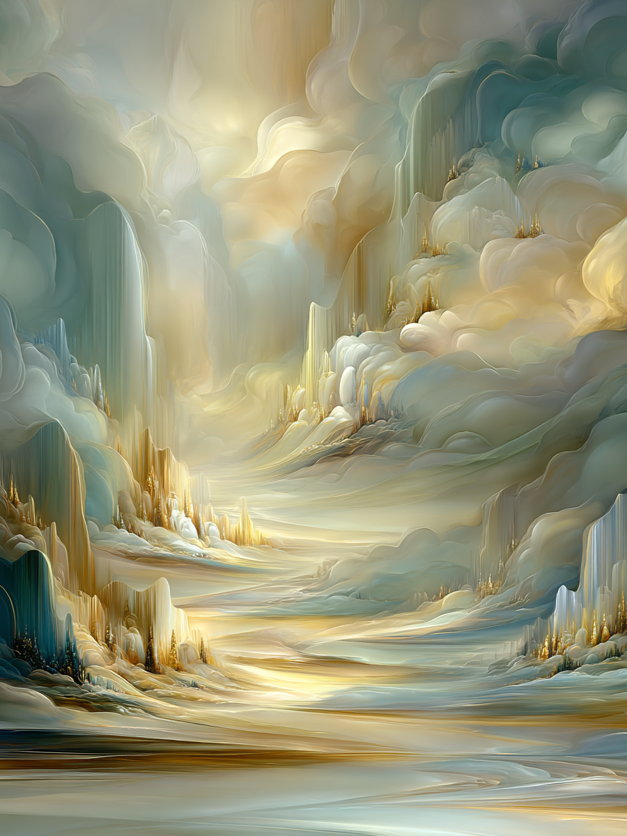 Volledige weergave van dromerig abstract landschap Hemelvallei met gouden lichtval