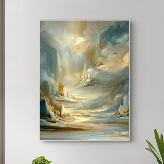 Detail van vloeiende penseelstreken in goud, blauw en wit uit het kunstwerk Hemelvallei