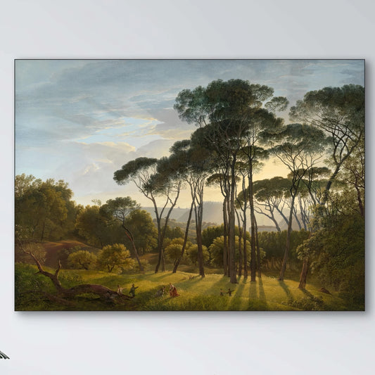 Detail van hoge parasoldennen met zonlicht tussen de stammen in schilderij van Hendrik Voogd