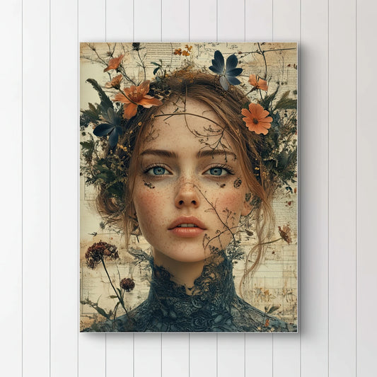 Detail van Herbarium met vrouwengezicht, gebladerte en zachte sproeten