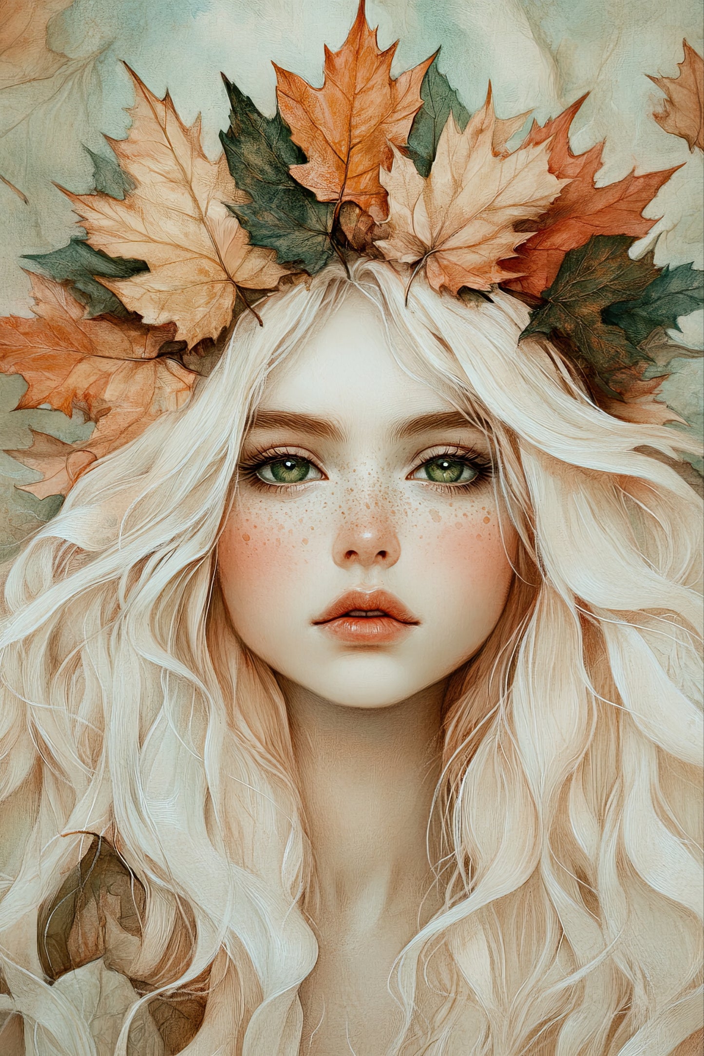 Volledige weergave van Herfstglans, een portret van een vrouw met bladeren in haar haar