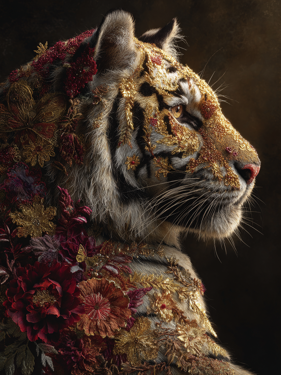 Volledige weergave van Herfstroem met tijger in profiel, bedekt met herfstbladeren en bloemen