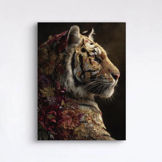 Detail van Herfstroem met tijgerkop versierd met bloemen en bladmotieven