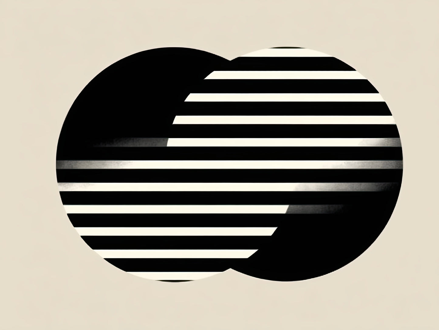 Volledig textielkunstwerk met grafische compositie van cirkels en horizontale strepen in zwart en beige