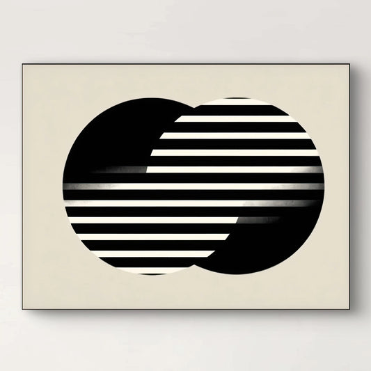 Detail van abstract kunstwerk met overlappende zwarte cirkels en ritmische witte lijnen