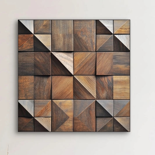 Detail van houten wandkunst met geometrische patronen en zichtbare houtstructuur in warme tinten