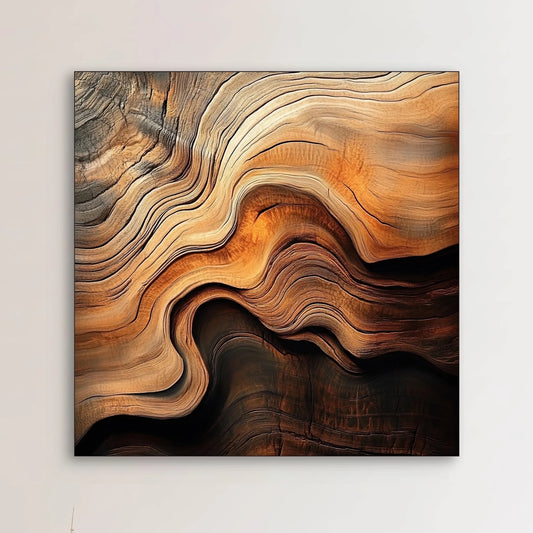 Detail van kunstwerk met golvende houtnerven in bruin, koper en beige tinten