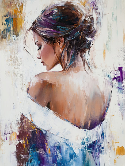 Detail van de schouderpartij en opgestoken haren in het kunstwerk In Stilte Gedraaid