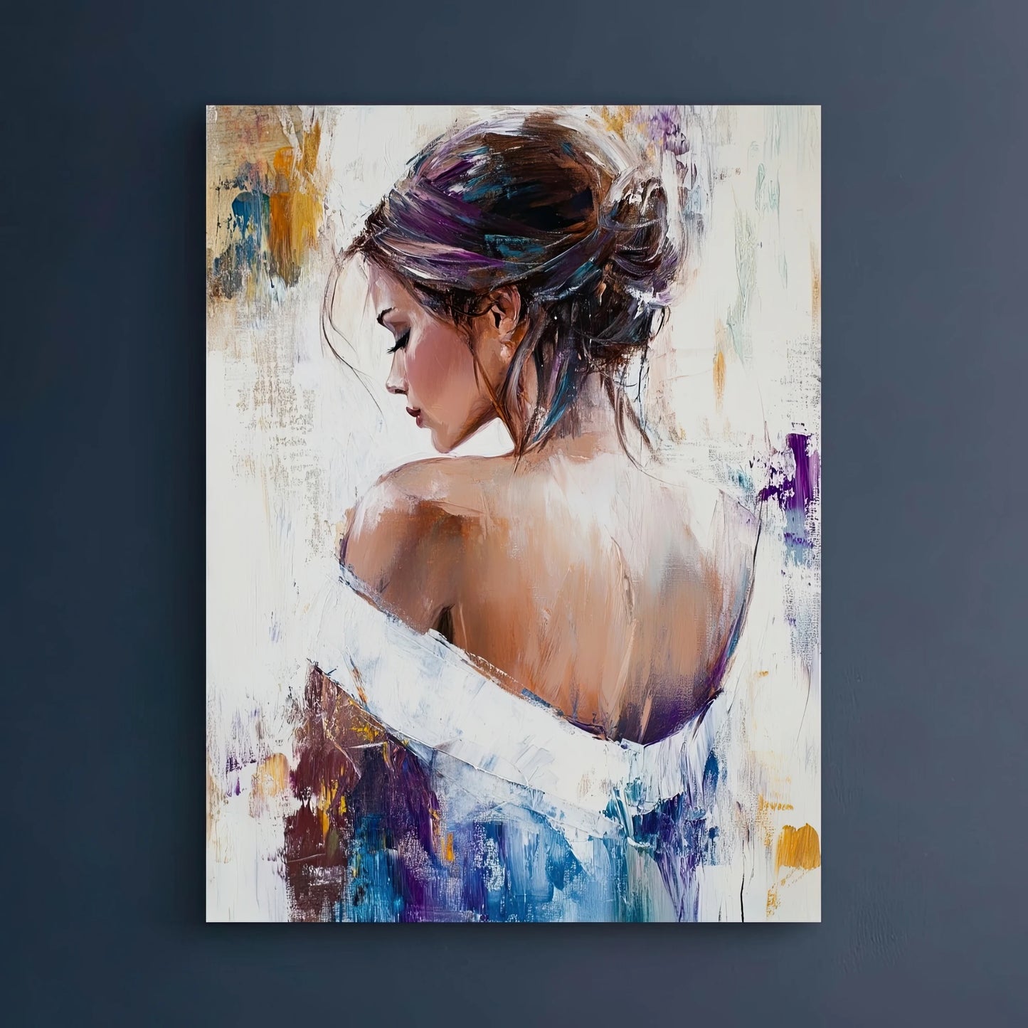 Volledige weergave van In Stilte Gedraaid met een vrouw in zijaanzicht en abstracte penseelstreken