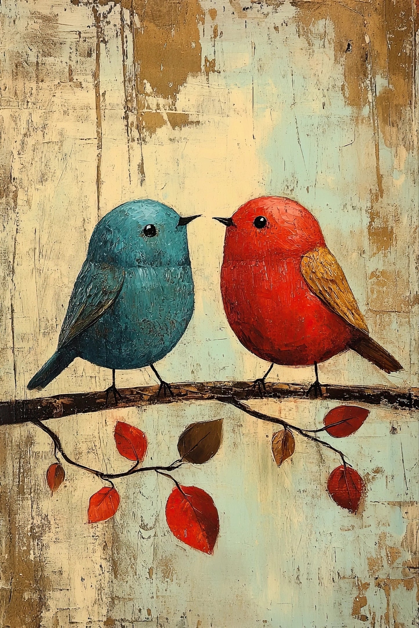 Volledige afbeelding van “In kleur verbonden” met twee vogels en rode herfstbladeren op tak