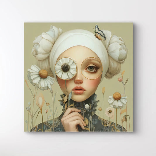 Detail van gezicht met bloem voor het oog en een vlinder in het kunstwerk Iris Whisper