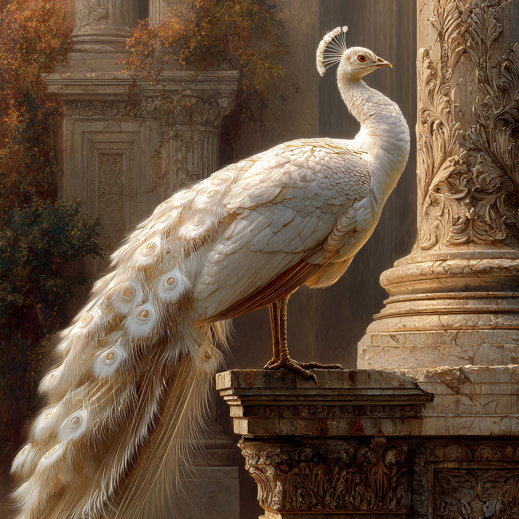 Volledige weergave van Ivoren Troon met statige witte pauw en klassieke architectuur