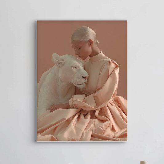 Detailopname van Ivory Embrace met vrouw en witte leeuwin in zachte omhelzing