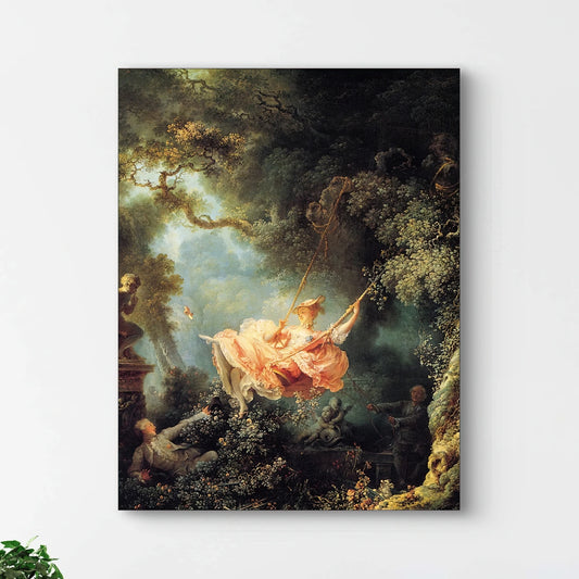 Detail van de zwevende vrouw in roze jurk uit De Schommel van Fragonard