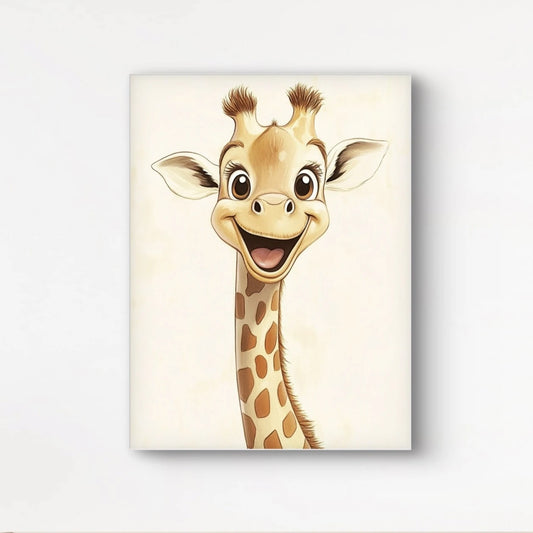 Kunstwerk van een lachende giraf met vrolijke expressie en grote ogen, tegen een lichte achtergrond.