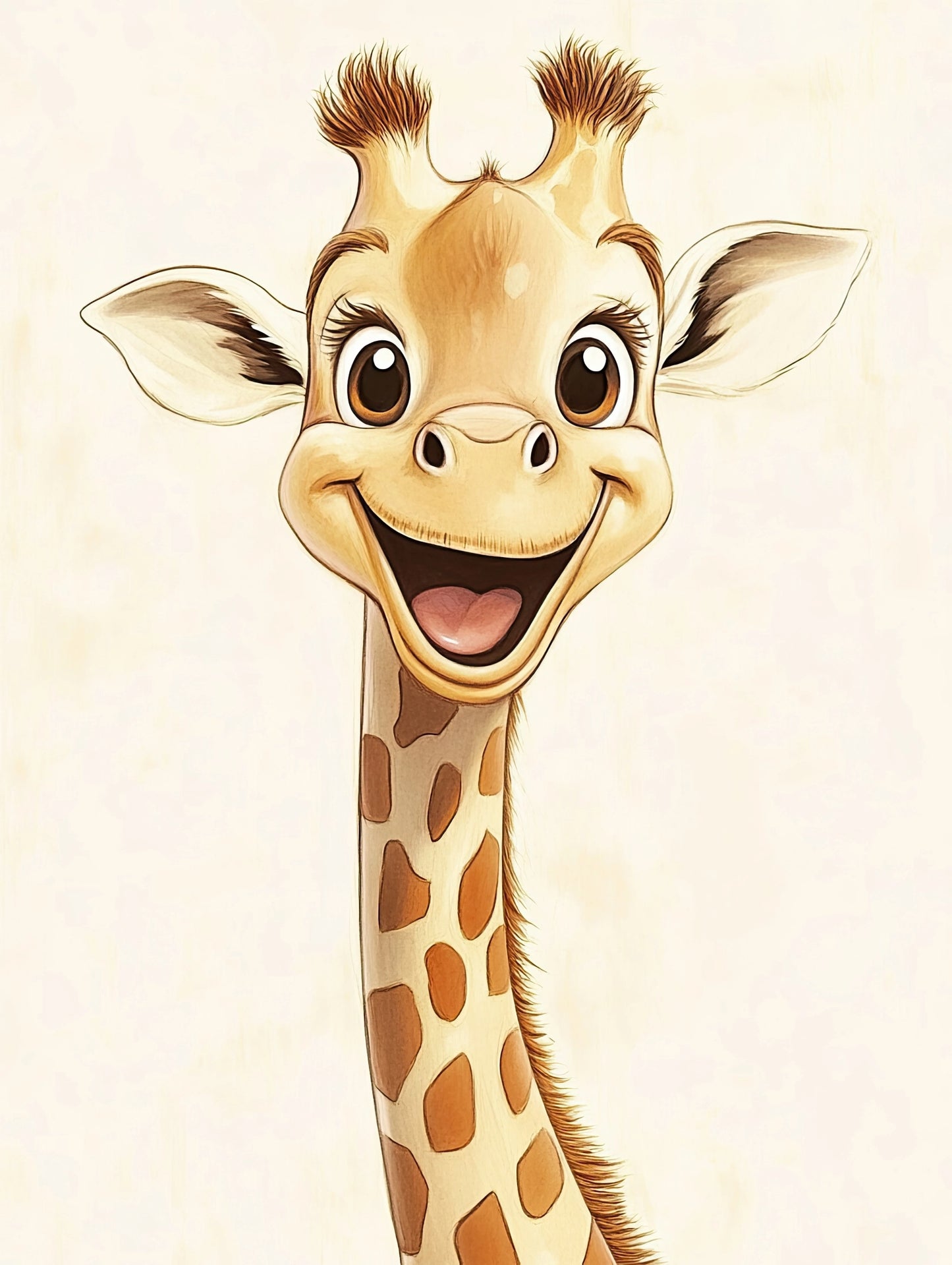 Volledige illustratie van een vrolijke giraf met open mond en vriendelijke ogen, centraal geplaatst tegen een zachte achtergrond.