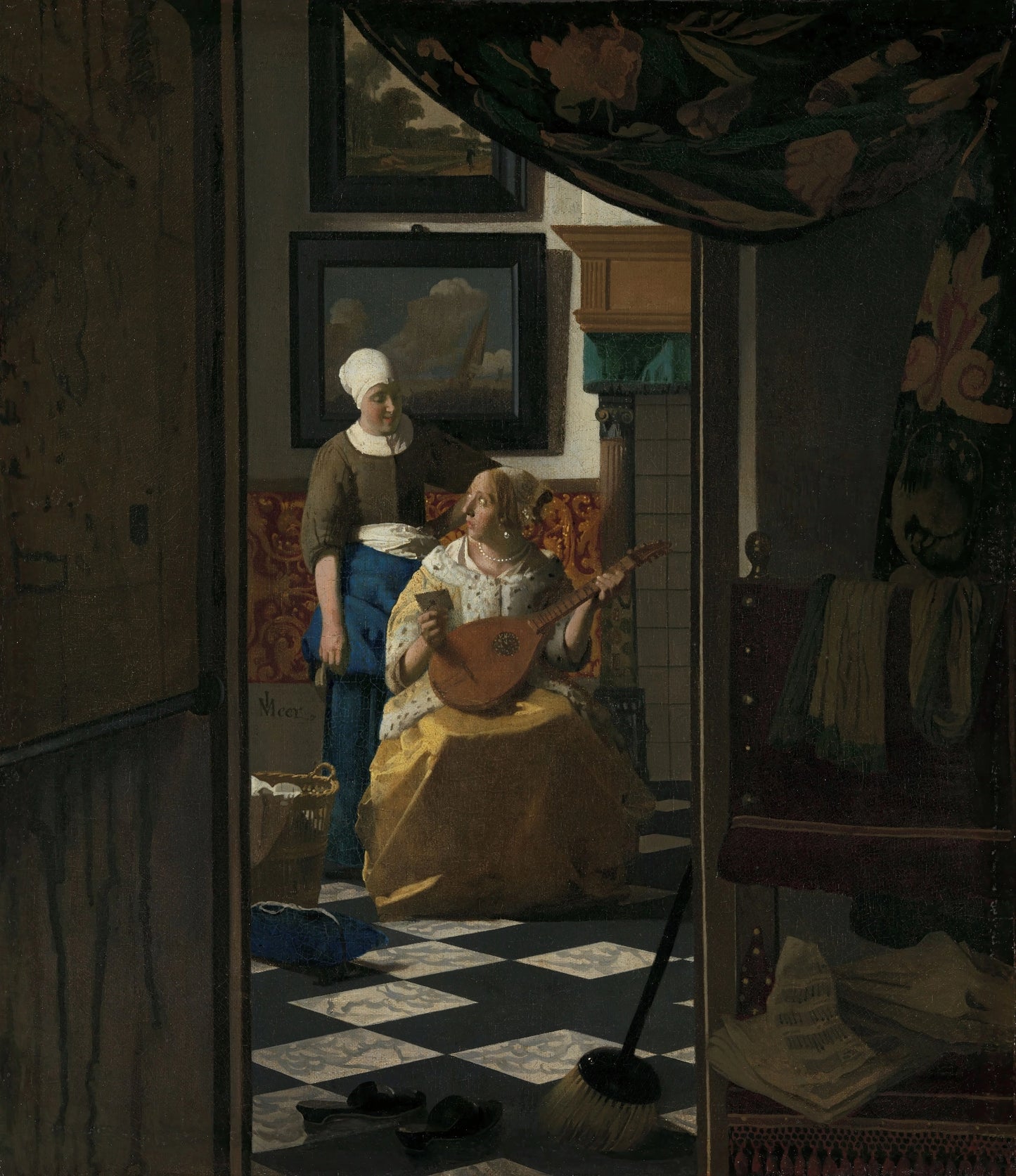 Volledige weergave van De liefdesbrief van Johannes Vermeer met gordijn, tegelvloer en twee vrouwen