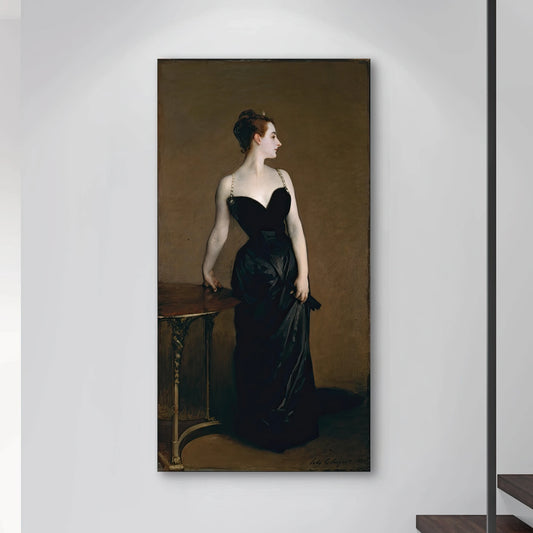 Detail van Madame X met zwarte avondjurk en parelsnoer in Sargents iconische portret