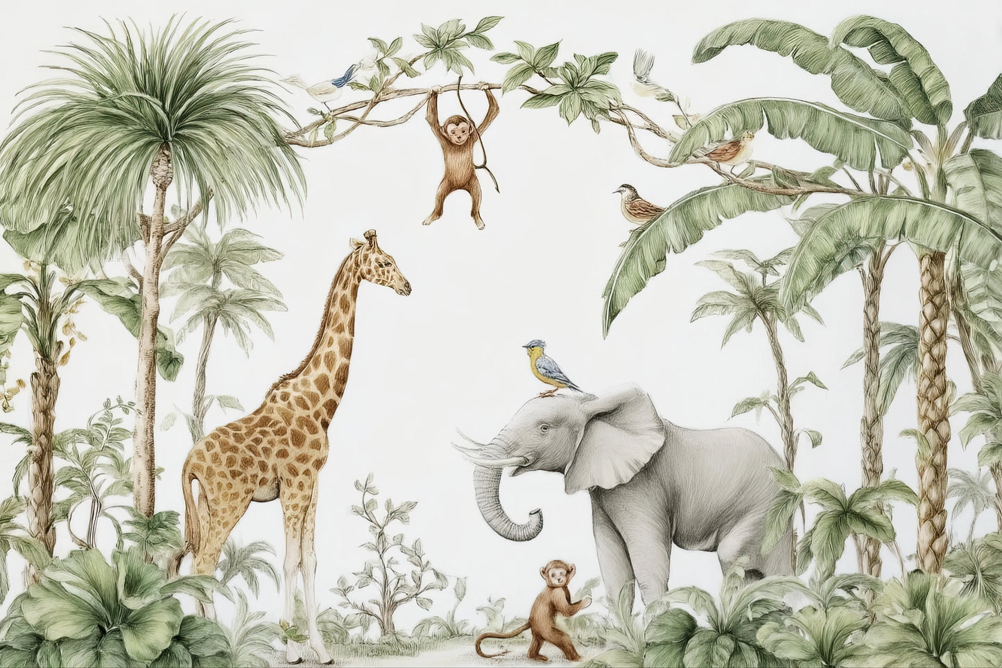 Volledige illustratie van een jungle met dieren zoals een olifant, giraf, apen en vogels tussen palmbomen en bananenplanten in zachte tinten.