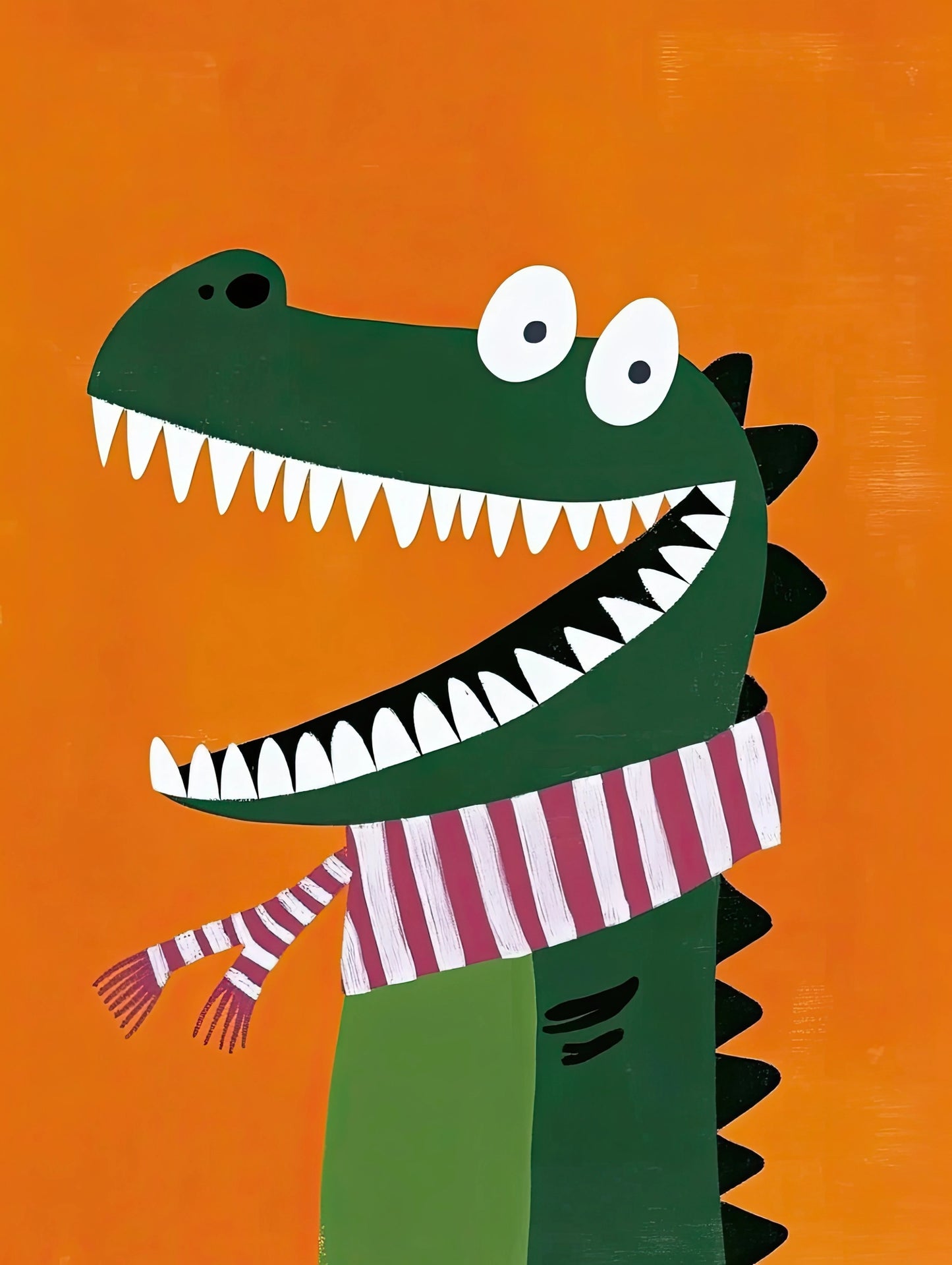 Volledige illustratie van een vrolijke cartoonkrokodil met sjaal tegen een knaloranje achtergrond, in grafische kinderstijl.