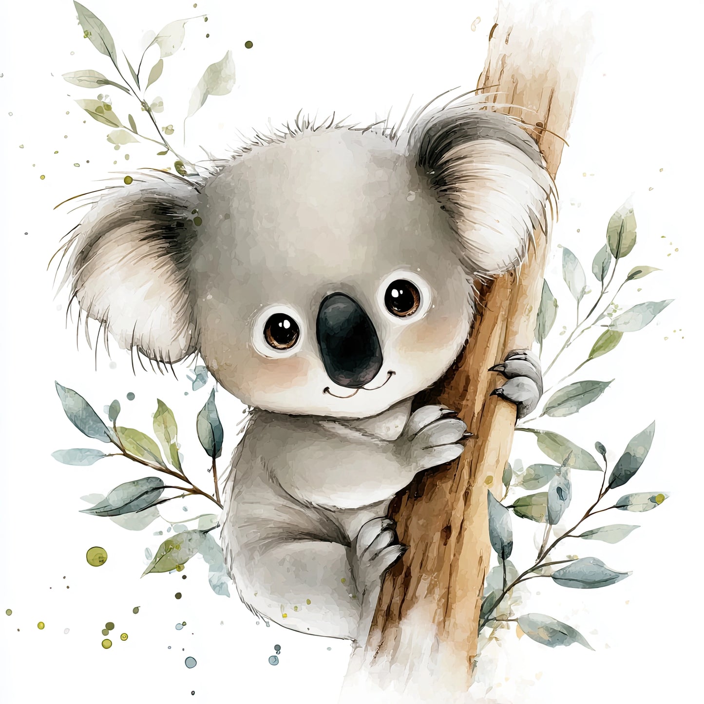 Volledige illustratie van een lieve koala die een boomstam omhelst, met aquarelbladeren op witte achtergrond in zachte natuurtinten.