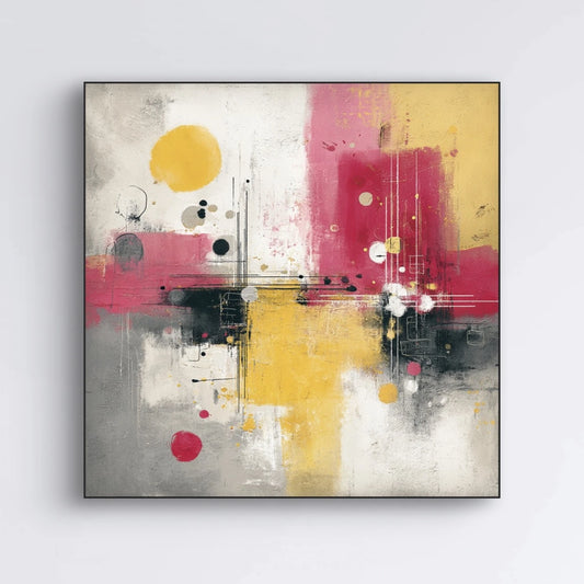 Detail van schilderij Kleurenbalans met levendige kleurvlakken in fuchsia, geel en zwart