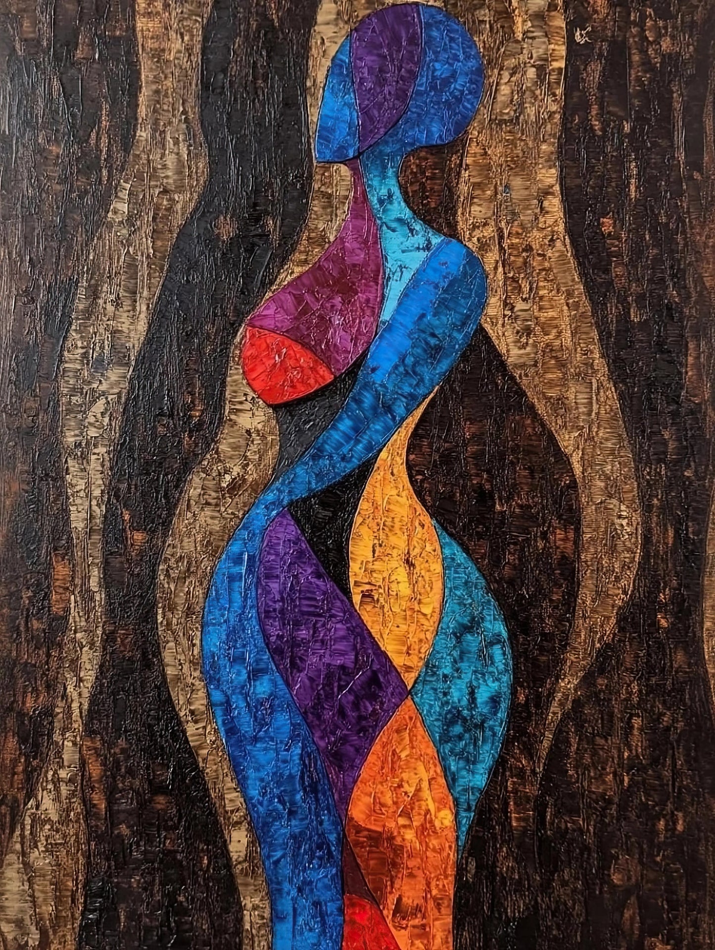 Volledige afbeelding van moderne muurkunst met abstracte vrouwelijke figuur in krachtige kleuren