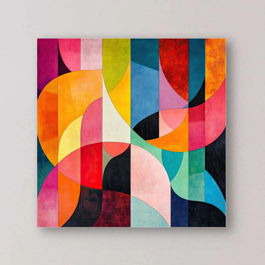 Detail van kleurrijk geometrisch kunstwerk met ronde vormen en overlappende vlakken in felle tinten