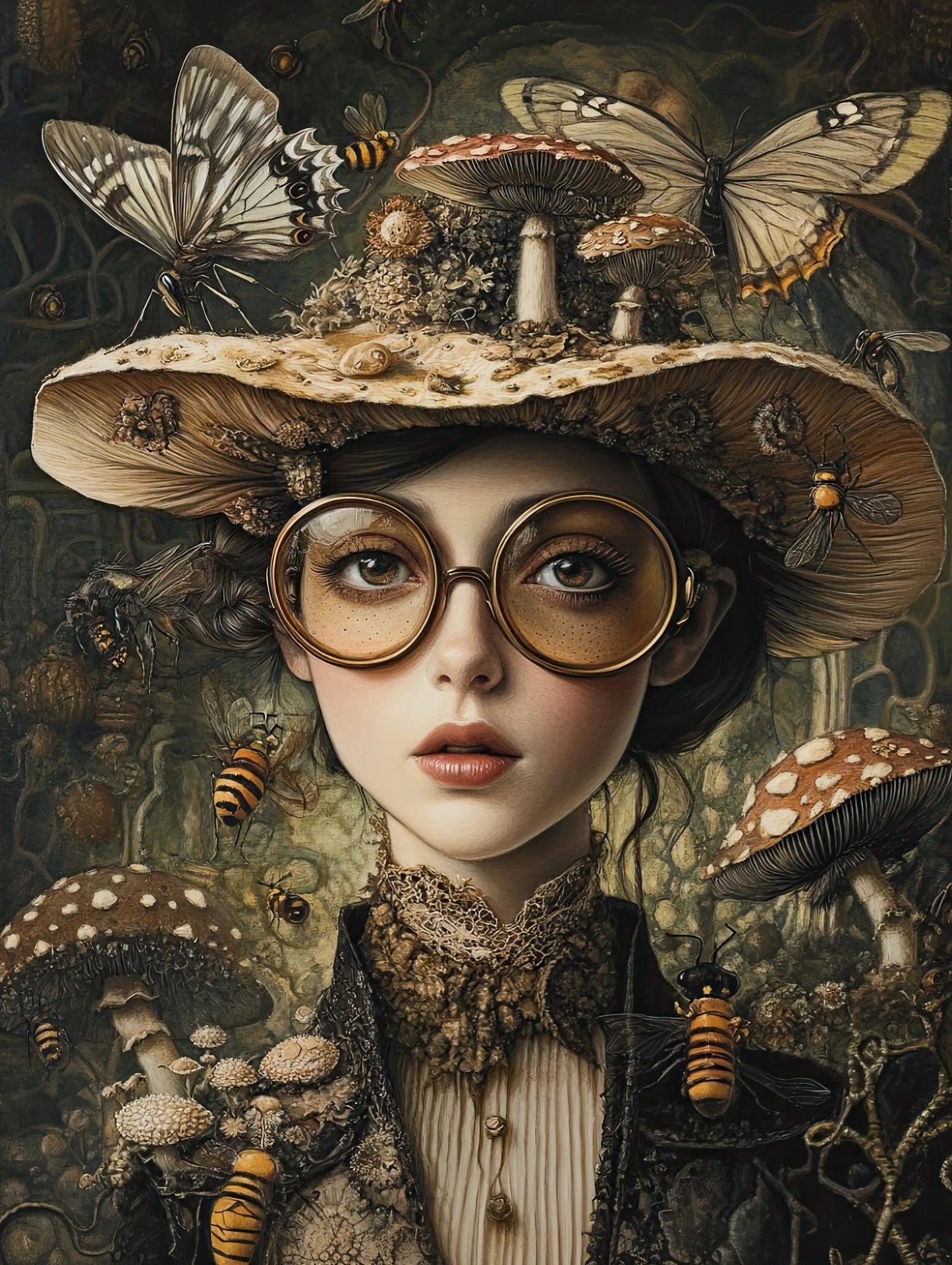 Volledige weergave van Koningin van het Woud met portret omringd door bosdieren en paddenstoelen