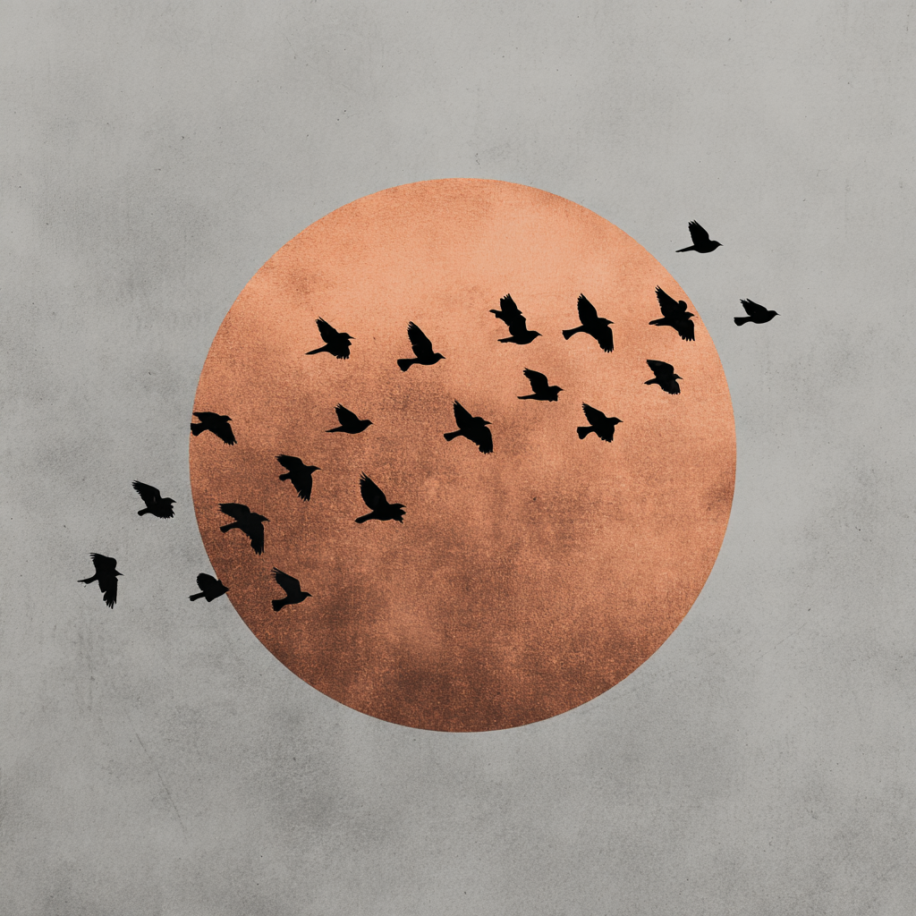 Abstract kunstwerk Koperzwerm met vogels die vliegen voor een koperkleurige zon.